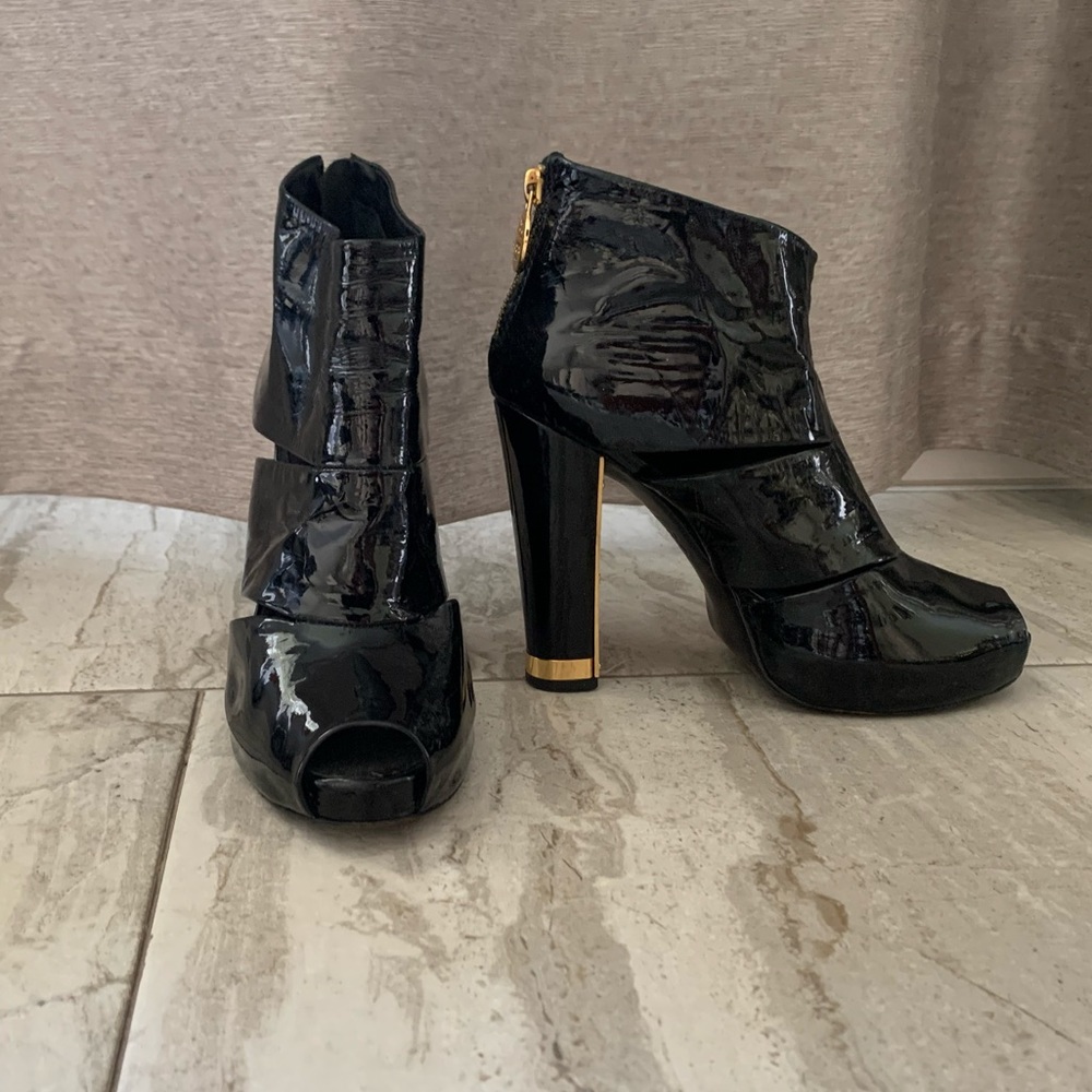 Tory Burch Black and Gold Open Toe Booties